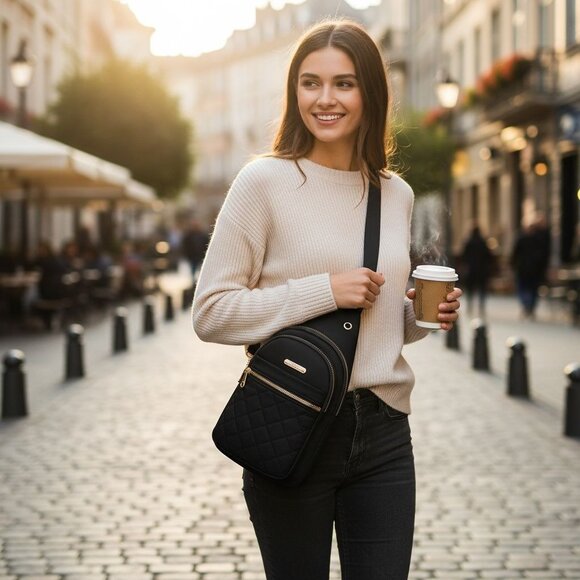 Small Quilted Crossbody Sling Backpack With Multi-Pockets & Headphone Port - Bla - Picture 4 of 11